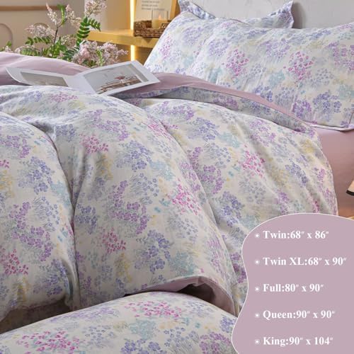 Gauze Full Size Duvet Cover Set 3 Pcs 100 Cotton,1 Full Duvet Cover with 2 Pillowcases,Purple Floral Double Layer Muslin Bedding Set,Soft Comfy Breathable Quilt Covers for Women 80"×90"