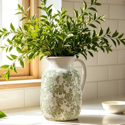 Ceramic Vintage Vase Flower Decorative Vase Chinoiserie Decor Rustic Farmhouse Retro Floral Vases for Table Bookshelf Mantel Kitchen Living Room Office - 9.5" Green