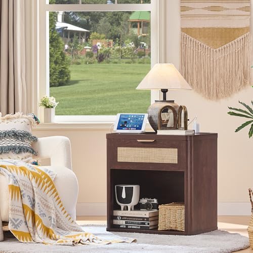 LEYAOYAO Rattan 23" Nightstands Set of 2 with Charger for Bedroom