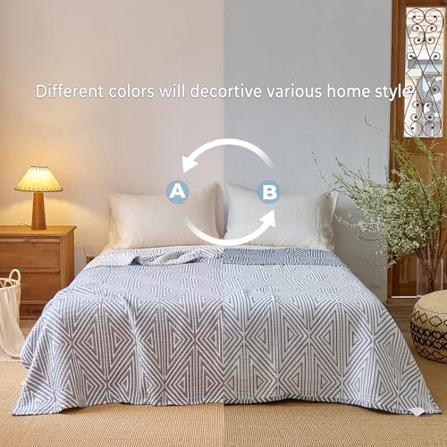 100% Cotton Geometric Reversible Muslin Blanket 60"×80" Blue