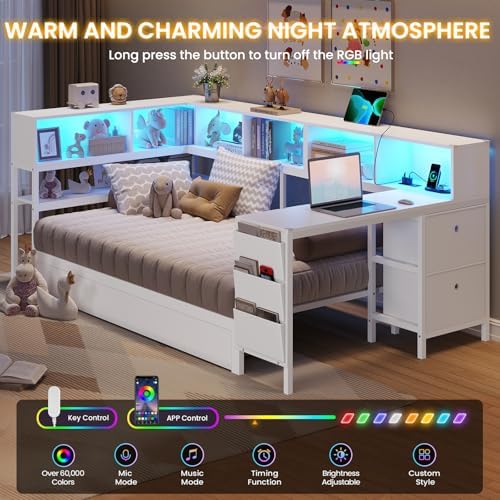 DICTAC Corner Twin Bed Frame with Desk,Charging Station and Bookcase Storage Metal Platform Bed Frame with Storage Drawers and Led Lights Twin Size Daybed with Desk and Shelves for Kids/Teen,White