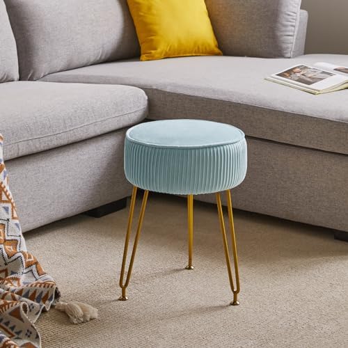 IBUYKE Makeup Vanity Stool, Velvet Round Footrest Ottoman, Blue LG-30H