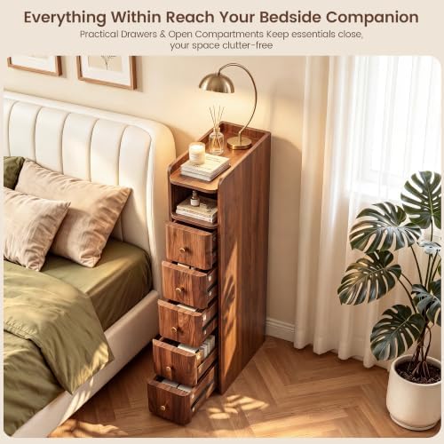 FurSch 37”H Tall 7.87”W Narrow Nightstand with 5 Drawers for lofted Dorm