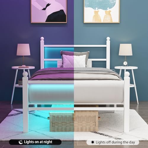 Twin Bed Frames with Headboard and Footboard,White Metal Platform Bed Frame with RGB LED Lights and USB Charging Station,Under Bed Storage,No Box Spring Needed,Suitable for Bedrooms