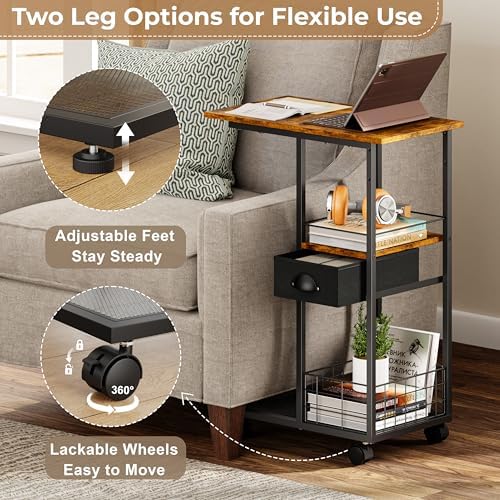 C Shaped Sofa Side Table with Wheels, Rolling Small Coffee Table with Drawer, Portable TV Tray Table for Couch, Bedside Table with Storage, Narrow Nightstand for Bedroom, End Tables Living Room