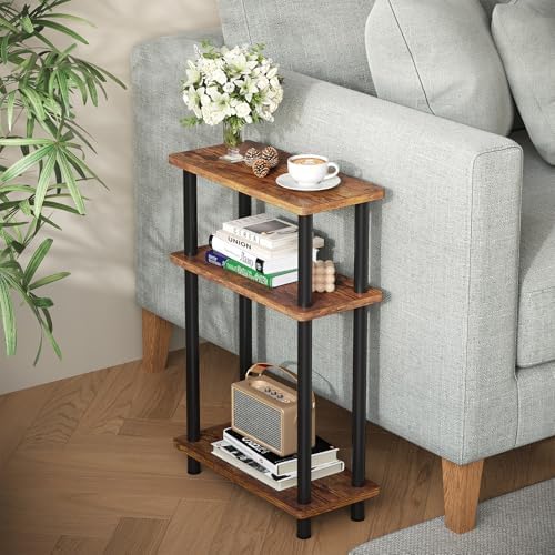 Apicizon Small Narrow Side Table, 3-Tier Skinny End Table, Brown and Black