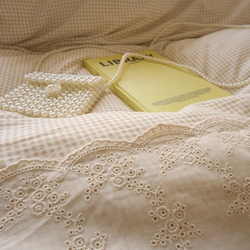 LifeTB Tan Gingham Duvet Cover Queen 3 Pieces Romantic Lace Duvet Cover Vintage Plaid Checkered Comforter Cover with 2 Pillowcases Soft Microfiber Beige Tan Grid Farmhouse Plaid Bedding Set