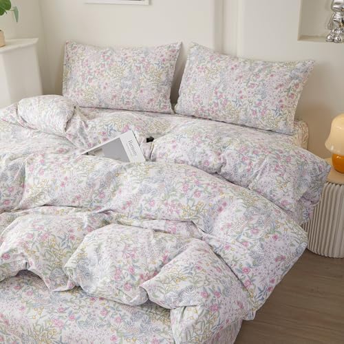HighBuy Pink Floral Duvet Cover King,Durable 100% Cotton Comforter Cover Sets,Breathable Cottagecore Botanical Flowers Pattern Bedding Set for Women Girls,1 King Duvet Cover and 2 Pillowcases