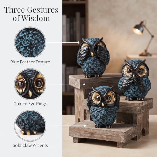 3 Wise Owl Statues Set for Bird Lovers Sapphire Blue Shelf Decor