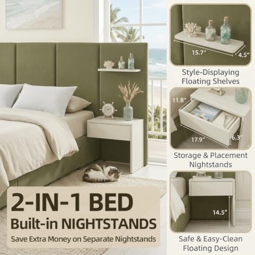 Queen Bed Frame with Storage & Built-in Nightstands & Drawer, Grayish Olive