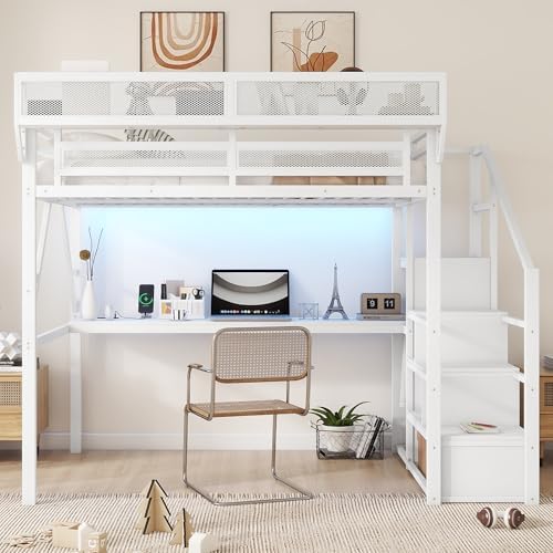 Full Size Metal Loft Bed Frame with Desk, Staircase, Built-in Storage Shelves and Wardrobe, Modern Loft Bed with Solid Slats, Guardrail, No Box Spring Required, Easy Assembly, for Bedroom, White
