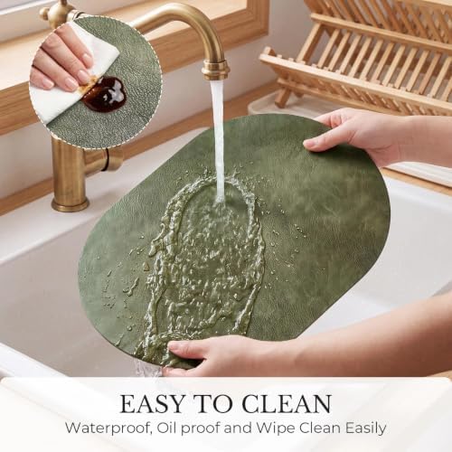 MOSAYT Vinyl Faux Leather Oval Placemats, Set of 8, Olive Green