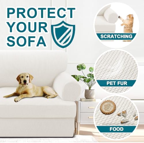 Turquoize T Cushion Chair Slipcover Armchair Slipcover for Living Room Stretch Sofa Cover Soft Armchair Cover Washable Furniture Covers with Individual T Cushion Seat Covers (Chair, Porcelain White)