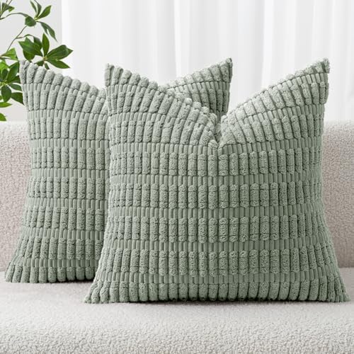 MIULEE Corduroy Decorative Throw Pillow Covers 18x18 Grey Green Pack of 2