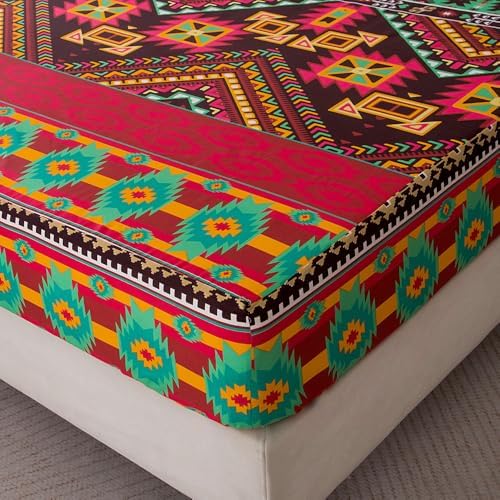 Bohemian Style Bedding Fitted Sheet with Deep Pocket,Red Colorful Boho Pattern Printed Fabric Bed Sheets (Multicolor, King)