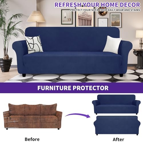 ZNSAYOTX Oversized Super Stretch Couch Cover (92"-115"), New Striped Sofa Covers Comfortable & Durable, Dog Cat Pets Friendly Extra Large Spandex Sofa Slipcovers (Navy Blue, XL Sofa)