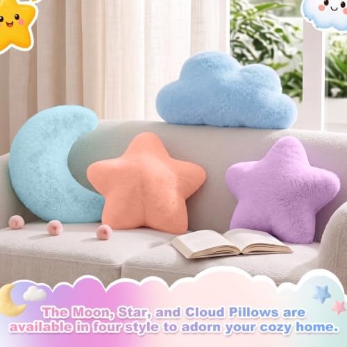 4 Pcs Plush Cloud Star Moon Throw Pillow Set, Mint, Blue, Purple, Pink