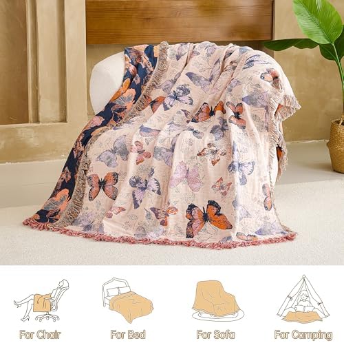 VANJOROY Boho Throw Blanket, 100% Organic Cotton Breathable Ultra Soft 91" x 108" King Bed Quilt Throw - All Season Floral Rustic Farmhouse Decor Luxury Blanket for Sofa Couch Chair and Gift