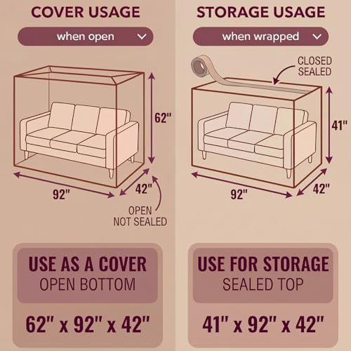 Wowfit 4mil Couch Cover for Moving, Clear Sofa Storage Bag, 92Wx42Dx62/41H