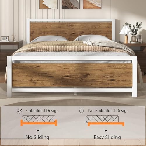 Twin Metal Bed Frame with Industrial Headboard, White Brown