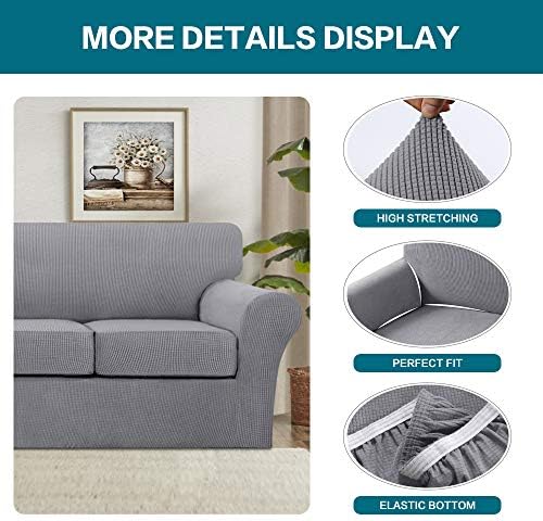Turquoize 3 Piece Sofa Covers for 2 Cushion Couch Sofa Slipcover Soft Couch Cover for Dogs-Washable Sofa Furniture Covers with 2 Individual Cushion Covers, Thick Jacquard Fabric (Loveseat, Dove)