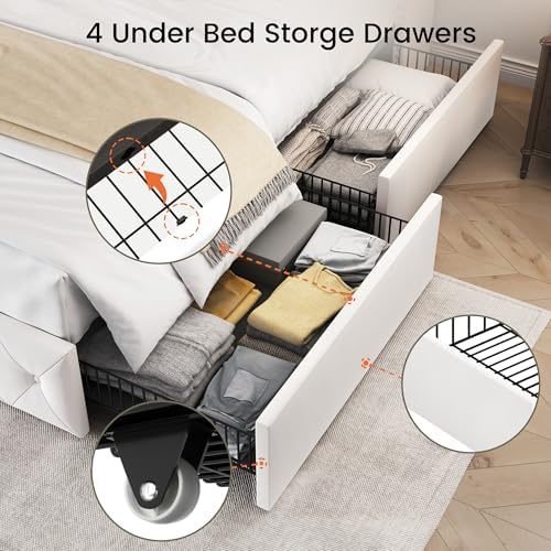 LARMACE Queen Size Bed Frame with 4 Storage Drawers and 47.2" Tall Wingback Headboard Velvet Upholstered Platform Bed Frame Tufted Beds with Wooden Slats Support, Easy Assembly, White