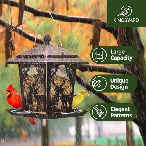 Kingsyard Metal Bird Feeder for Outdoor Hanging - Unique Design Wild Bird Hopper Feeder with 4 Perches and Rainproof Roof, Antique Copper