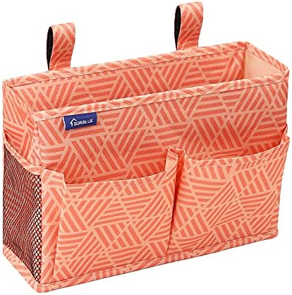 Surblue Bedside Caddy Hanging Bed Organizer Storage Bag Pocket for Bunk and Hospital Beds, College Dorm Rooms Baby Bed Rails,Camp Chiars，Wheelchair Side Bag，4 Pockets and 2 Hooks (Orange Plaid)