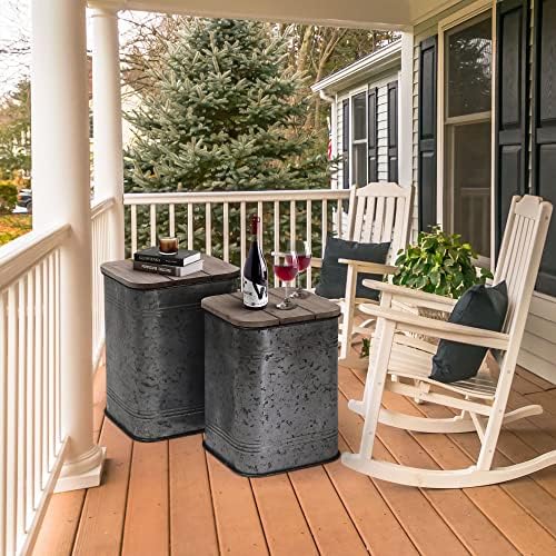 RUSTOWN Farmhouse Accent Side Table, Set of 2 Galvanized Storage Ottoman