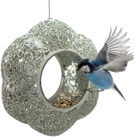 Sunnydaze Mosaic Glass Bird Feeder for Outdoors, Mirrored Diamond Flower