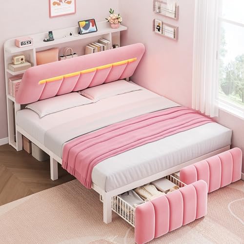 Twin Bed Frames with Storage Headboard for Kids/Girls, Upholstered Black Bed Frame Twin Size with Storage Drawers and Charging Station,Velvet Platform Metal Bed, Noise-Free, No Box Spring Needed