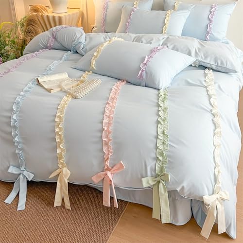 Rainbow Ruffles Bedding Set with Bow,Colorful Striped Duvet Cover, Cute Princess Style 2 PCS Duvet Cover Set-1 Duvet Cover and 1 Pillowcases for Girls Teens Bedroom,No Comforter