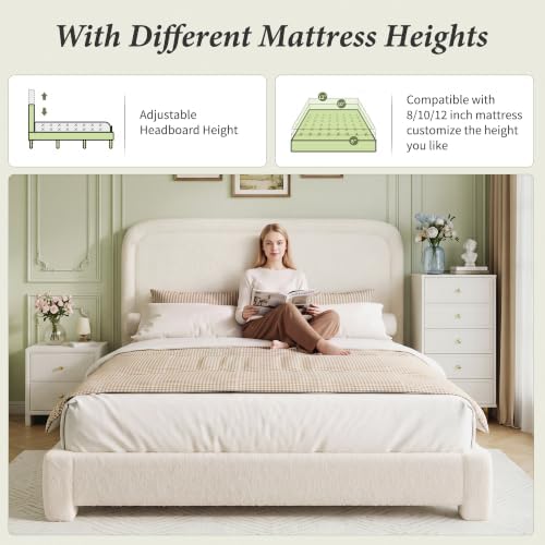 WEUP King Size Platform Bed Frame, Boucle Upholstered Bed with Adjustable Headboard, Wood Slats, No Box Spring Required, Noise-Free, Easy Assembly, Light Beige