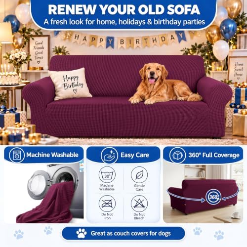 KEKUOU Stretch Loveseat Couch Cover, 2 Cushion Couch Slipcover,Wine