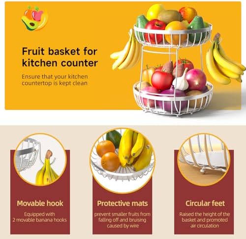 Sevenblue 2 Tier Fruit Bowl for Kitchen Counter with Banana Hangers, Silver