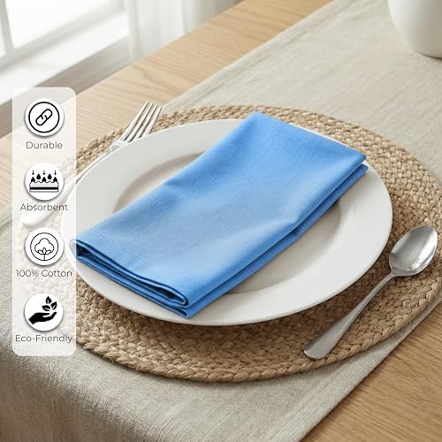 Ramanta Home Light Blue Cotton Dinner Napkins Set of 12, 18x18 Inch
