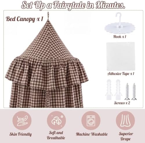 SmoothNovelty Gingham Plaid Bed Canopy, Brown White, Round