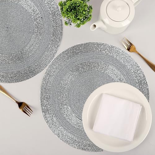 CLEENTABLE Grey Beaded Round Placemats, Set of 4