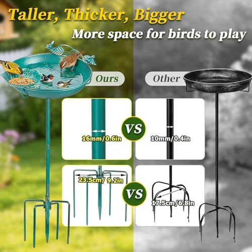 Mellbree Bird Bath for Outside 12", Metal Freestanding 12" Dia 39" H Lake Blue Gold Gilding Birdbath with Perch & Feeder Bowl, Multi-Functional for Garden Patio Yard Lawn Outdoor Decor