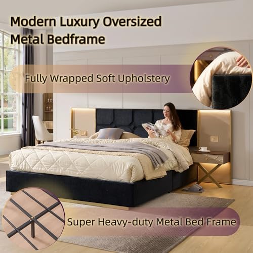KEIKI King Upholstered Bed Frame with Floating Nightstands & Reading Lights