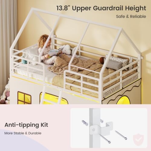 Girls Bunk Bed Twin Over Twin, House Loft Bed with LED Lights