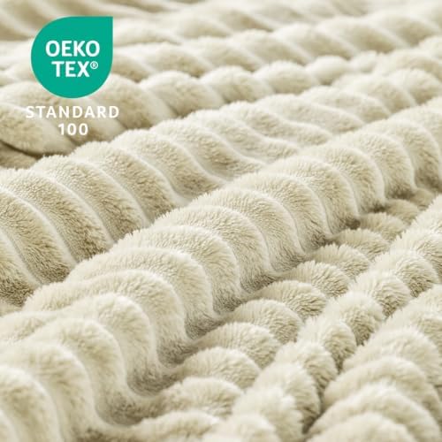 BEDELITE Ribbed Jacquard Beige Fleece Throw Blanket for Couch, 50x70 Inch