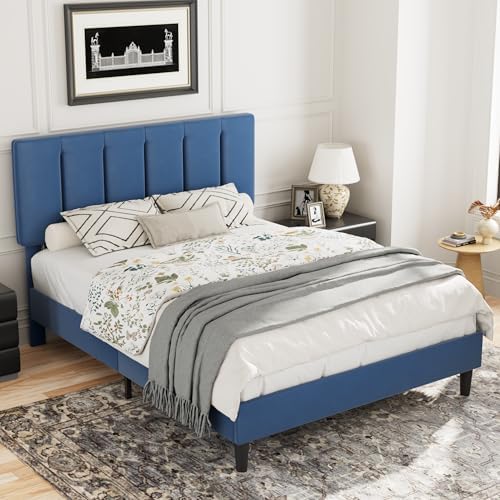 VECELO Queen Size Bed Frame with Upholstered Headboard, Dark Blue