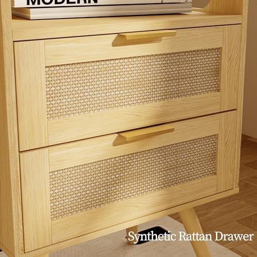 JOONEE Rattan Nightstand,Farmhouse Bedside Table with 2 Storage Drawer and Open Wood Shelf, for Bedroom and Small Spaces,Night Stand with Solid Wood Legs (Yellow Oak)