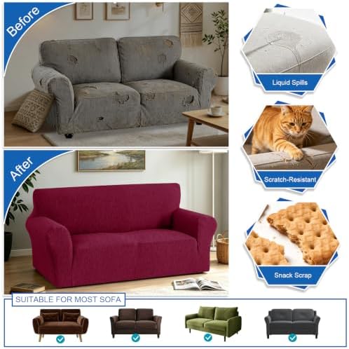 MAXIJIN Waterproof Loveseat Cover Couch Covers (55"-69"), Stretch Love Seat Sofa Slipcovers with Non Slip Elastic Bottom, Dog Pet Friendly Furniture Protector Washable (Medium, Wine Red)
