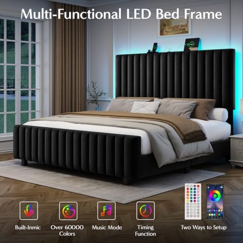 50" Tall Full Size Bed Frame with Adjustable Headboard, Upholstered Platform Full Bed Frame with Charging Station & LED Lights, Modern Luxury Velvet Tufted Bed, No Box Spring Needed, Black