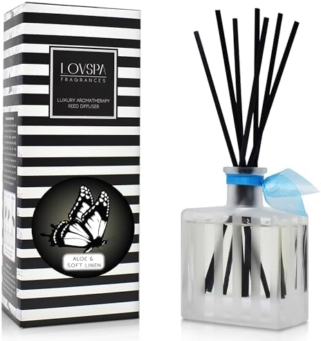 Reed Diffuser Set, Aloe & Soft Linen Scented Oil Diffuser with Sticks, Home Fragrance Accessories for Bathroom Shelf Decor, Aroma Diffusers for Home or Office Desk, USA Made