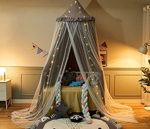 VETHIN Bed Canopy Double Layer Princess Round Dome Dreamy Mosquito Net Bedding Girls Room Castle Play Tent Hanging House Decor Reading Nook Canopies(Gray/White)