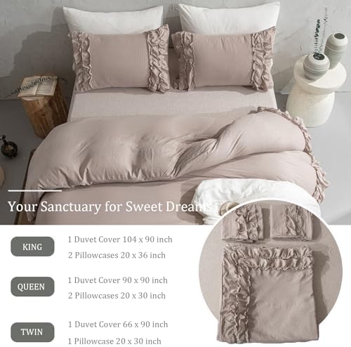 Bedorm Taupe Duvet Cover Set Twin Ruffle Bedding Set Pleat Ruffled Shabby Chic Comforter Cover Extra Soft & Easy Care Boho Duvet Cover with Zipper Closure