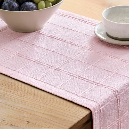 ZeeMart Linen Checked Farmhouse Table Runner, 13x60 Inches Pink